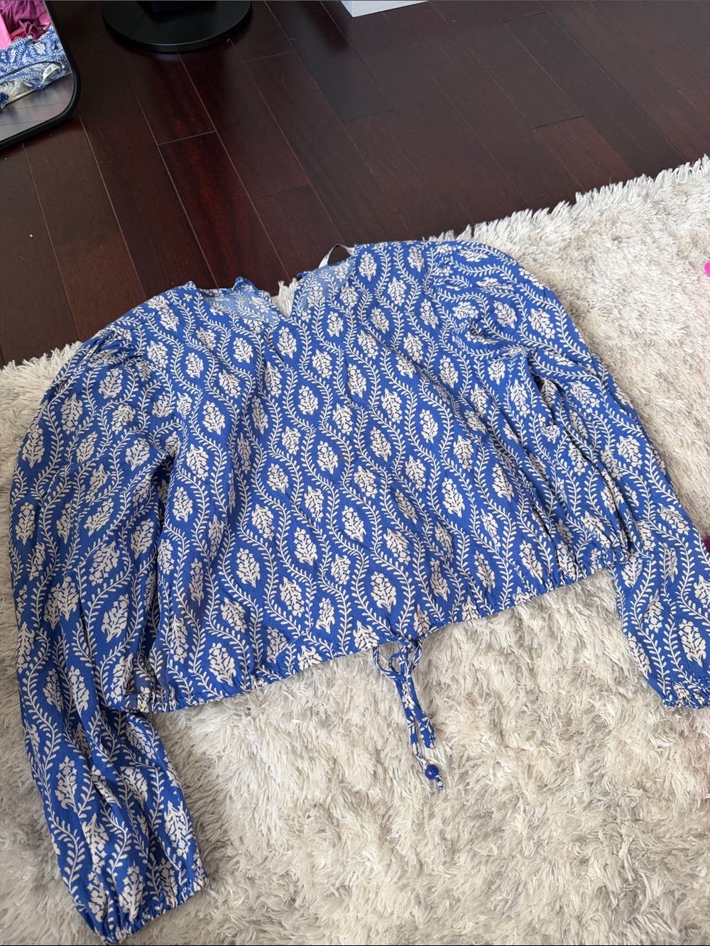 Zara Blue and White Printed Long-Sleeve Top